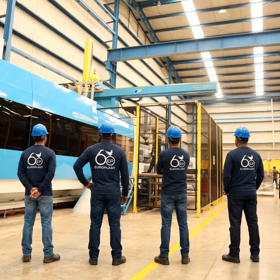 Cuatro operadores de Europlast de espaldas, con casco y la playera del 60 aniversario, frente a una máquina de inyección de gran formato en la nave de la planta